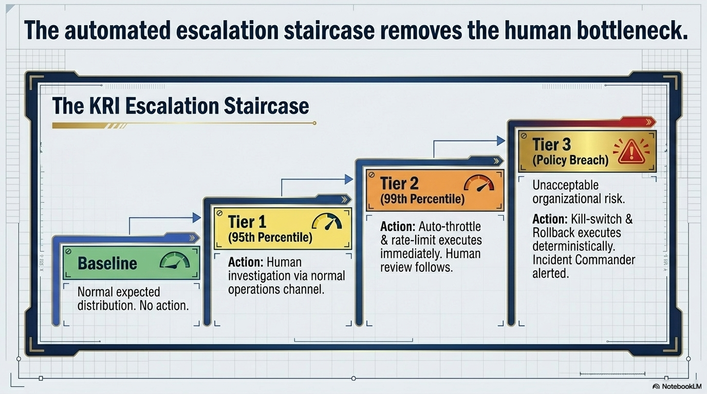 The automated escalation staircase removes the human bottleneck