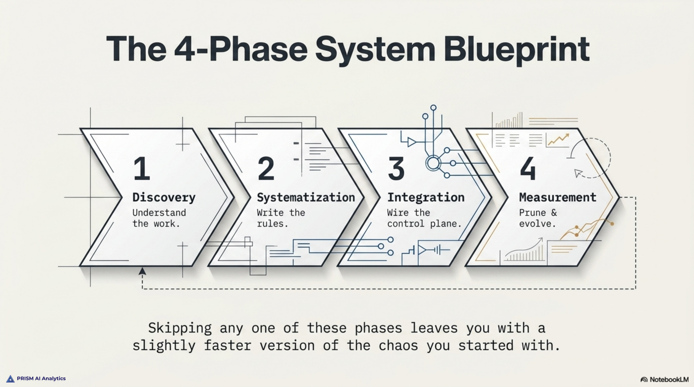 Four phases: Discovery, Systematization, Integration, Measurement. Skipping any one of them leaves you with a slightly faster version of the chaos.