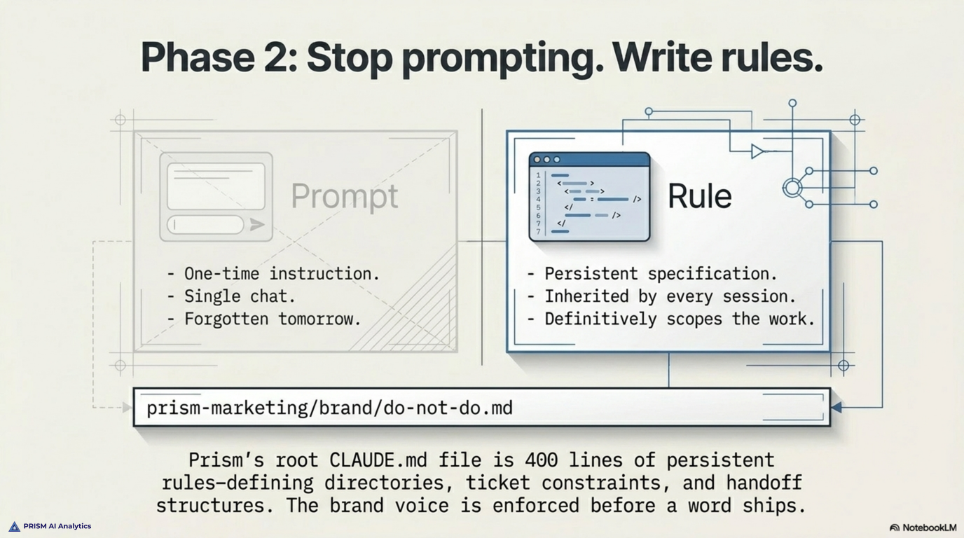 A prompt is a one-time instruction in a single chat. A rule is a persistent specification in CLAUDE.md that every session inherits.