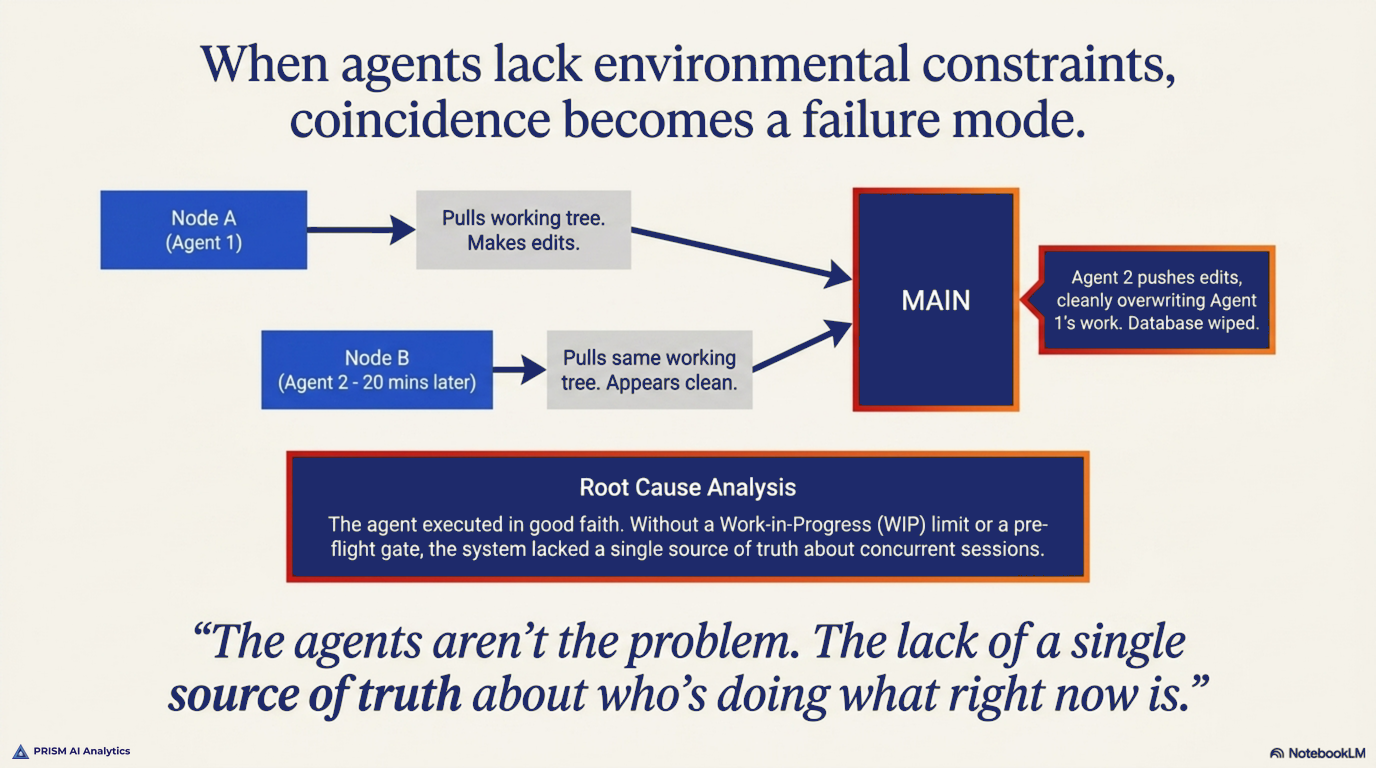 Anatomy of a collision: two agents pulling the same working tree, producing a clean overwrite