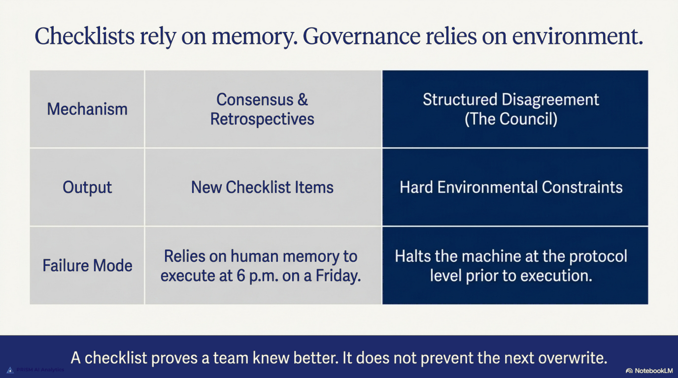 The expected retrospective loop vs. the actual reality: checklists no one reads