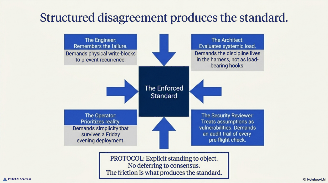 Structured disagreement produces the standard: four perspectives, each with standing to object