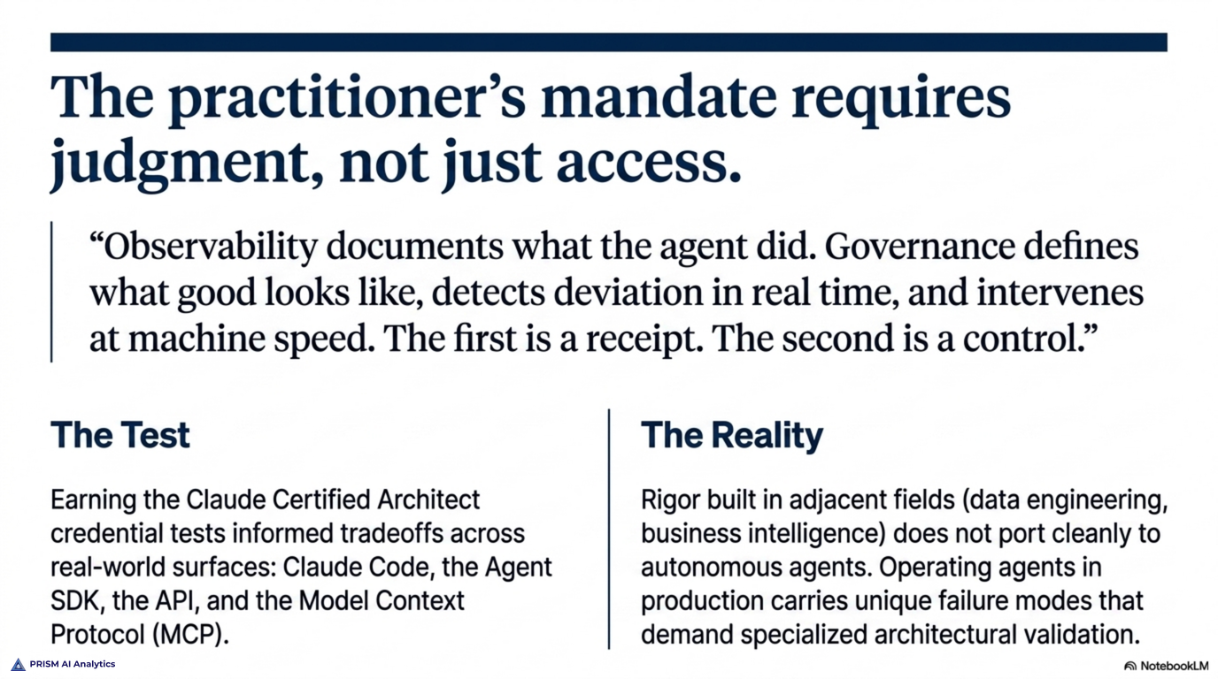 The practitioner's mandate is judgment, not just access: the test validates informed tradeoffs across Claude Code, the Agent SDK, the API, and the Model Context Protocol, because rigor built in adjacent fields like data engineering and business intelligence doesn't port cleanly to operating agents in production