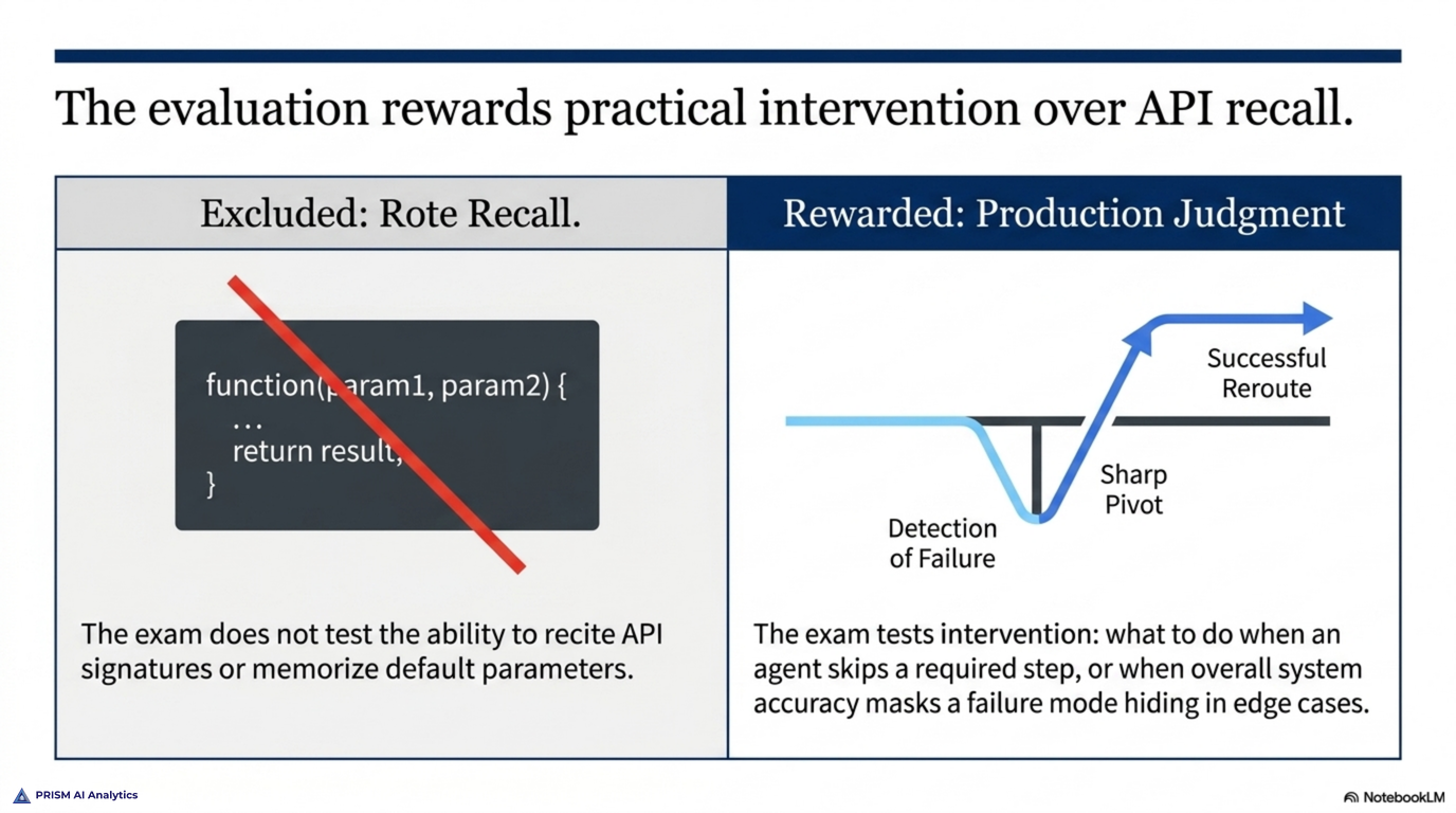 The evaluation excludes rote recall — reciting API signatures or memorizing default parameters — and rewards production judgment: detecting a failure, then making the sharp pivot to a successful reroute when an agent skips a required step or when overall accuracy masks a failure mode hiding in edge cases