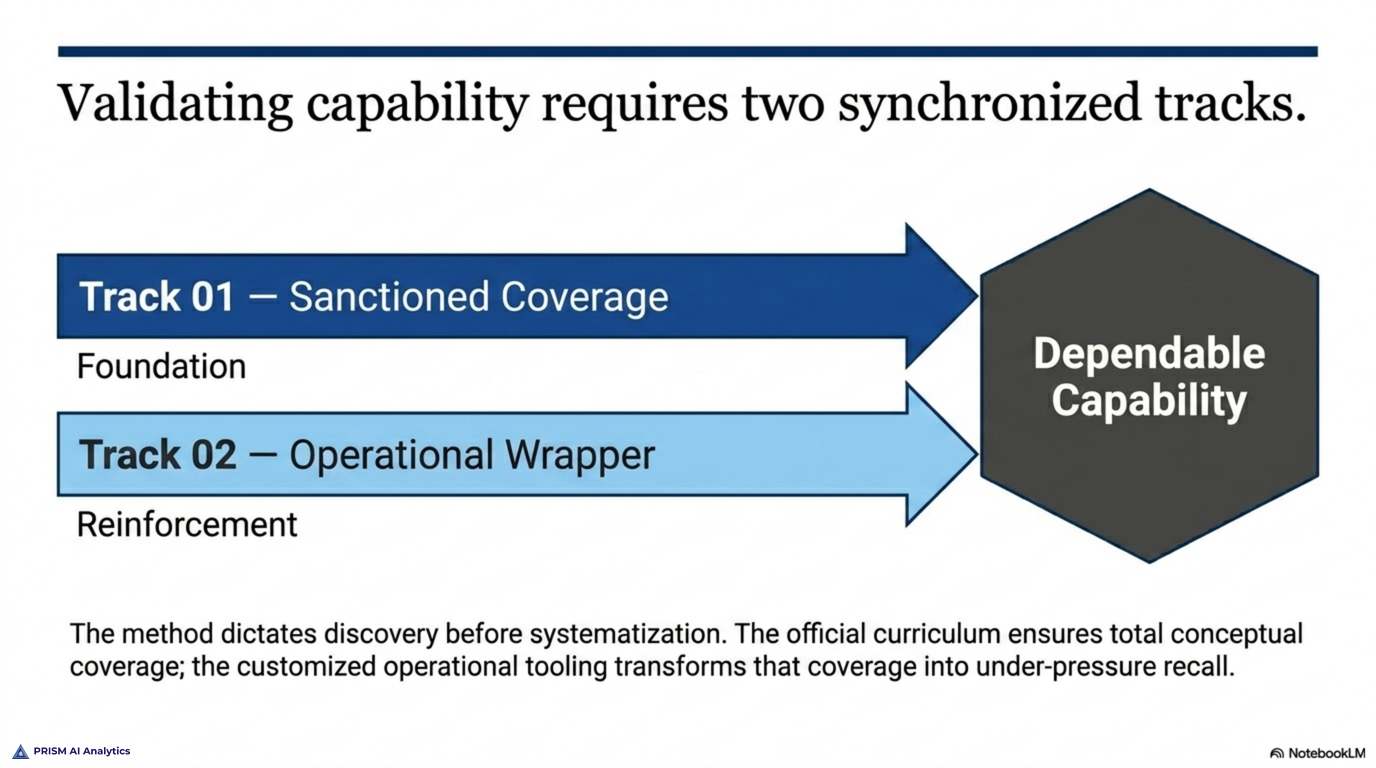 Validating capability requires two synchronized tracks: Track 01, sanctioned coverage, as the foundation, and Track 02, an operational wrapper, for reinforcement — together producing dependable capability