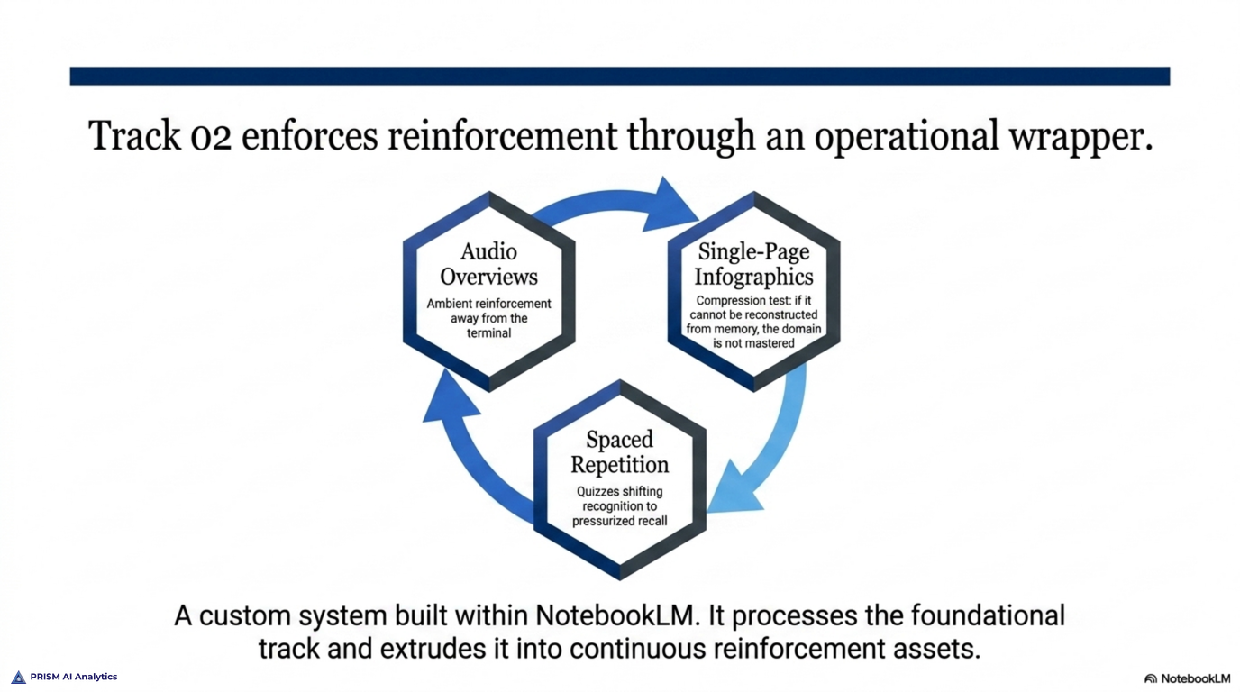 Track 02 enforces reinforcement through a self-built operational wrapper in NotebookLM: audio overviews for a second pass away from the desk, single-page infographics that compress a domain to expose gaps, and spaced repetition that moves recall under pressure