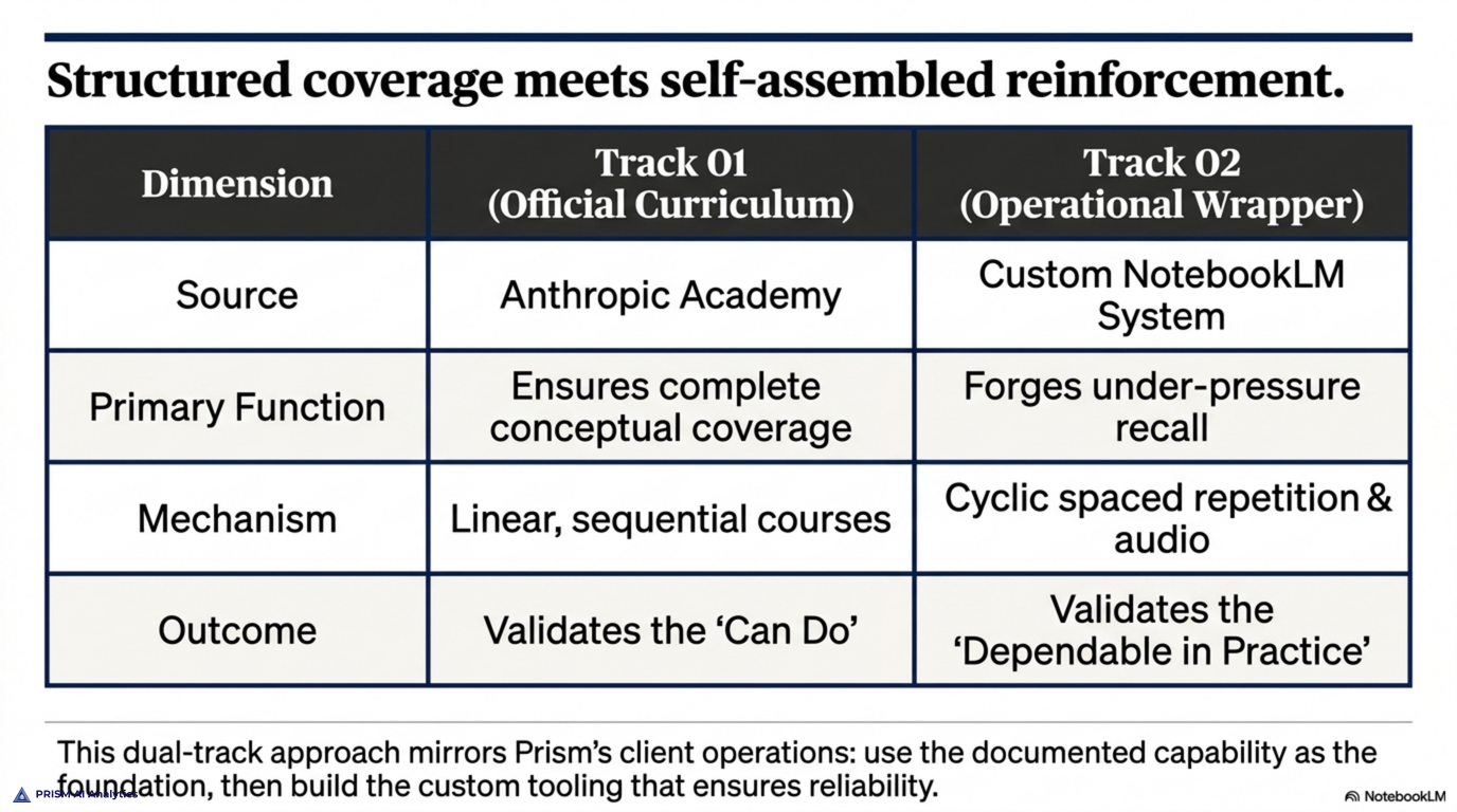 A side-by-side of the two tracks across source, primary function, mechanism, and outcome: the official Academy curriculum ensures conceptual coverage through linear courses and validates "can do," while the custom NotebookLM system forges under-pressure recall through cyclic spaced repetition and validates "dependable in practice"
