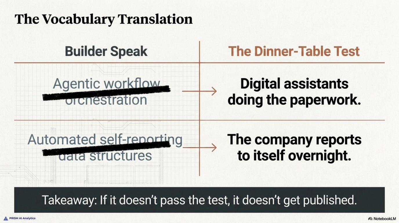 The vocabulary translation from builder speak to the dinner-table test -- agentic workflow orchestration becomes digital assistants doing the paperwork, and automated self-reporting data structures becomes the company reports to itself overnight; if it does not pass the test, it does not get published