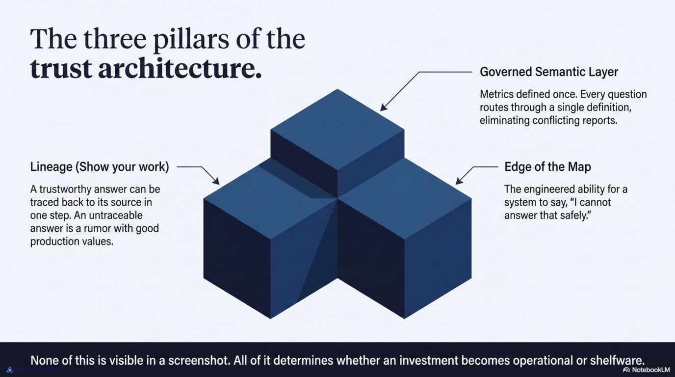 The three pillars of the trust architecture -- a governed semantic layer where metrics are defined once and every question routes through a single definition, lineage that traces a trustworthy answer back to its source in one step, and edge-of-the-map behavior, the engineered ability for a system to say it cannot answer safely; none of this is visible in a screenshot, and all of it determines whether an investment becomes operational or shelfware
