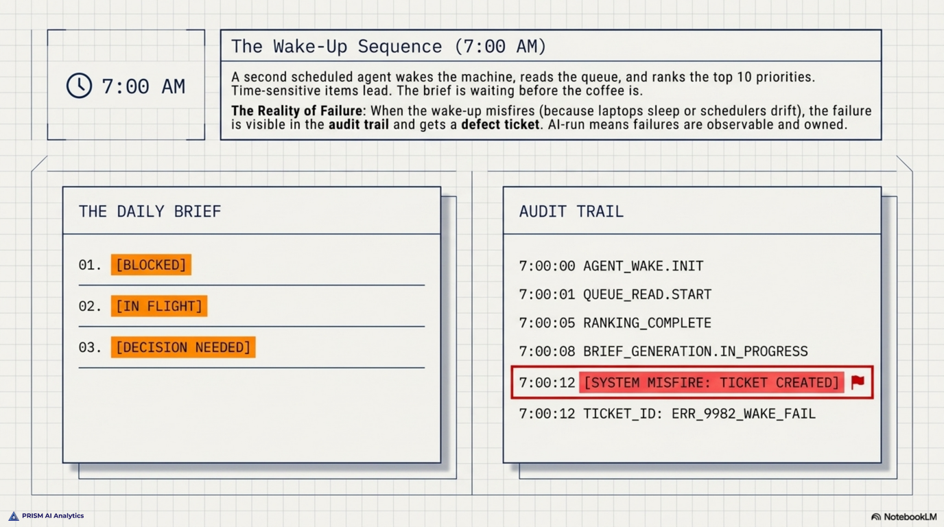 The 7:00 AM wake-up sequence -- a scheduled agent wakes the machine, reads the queue, and ranks the top ten priorities so the brief is waiting before the coffee is; when the wake-up misfires, the failure is visible in the audit trail and gets a defect ticket, because AI-run means failures are observable and owned