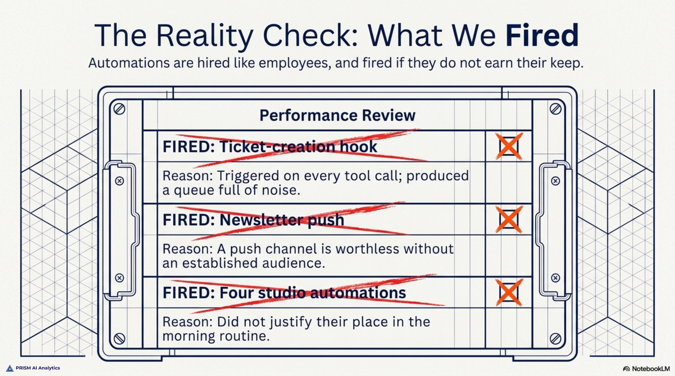 The reality check of what we fired -- automations are hired like employees and let go when they do not earn their keep: a ticket-creation hook that triggered on every tool call and produced a queue full of noise, a newsletter push without an established audience, and four studio automations that did not justify their place in the morning routine
